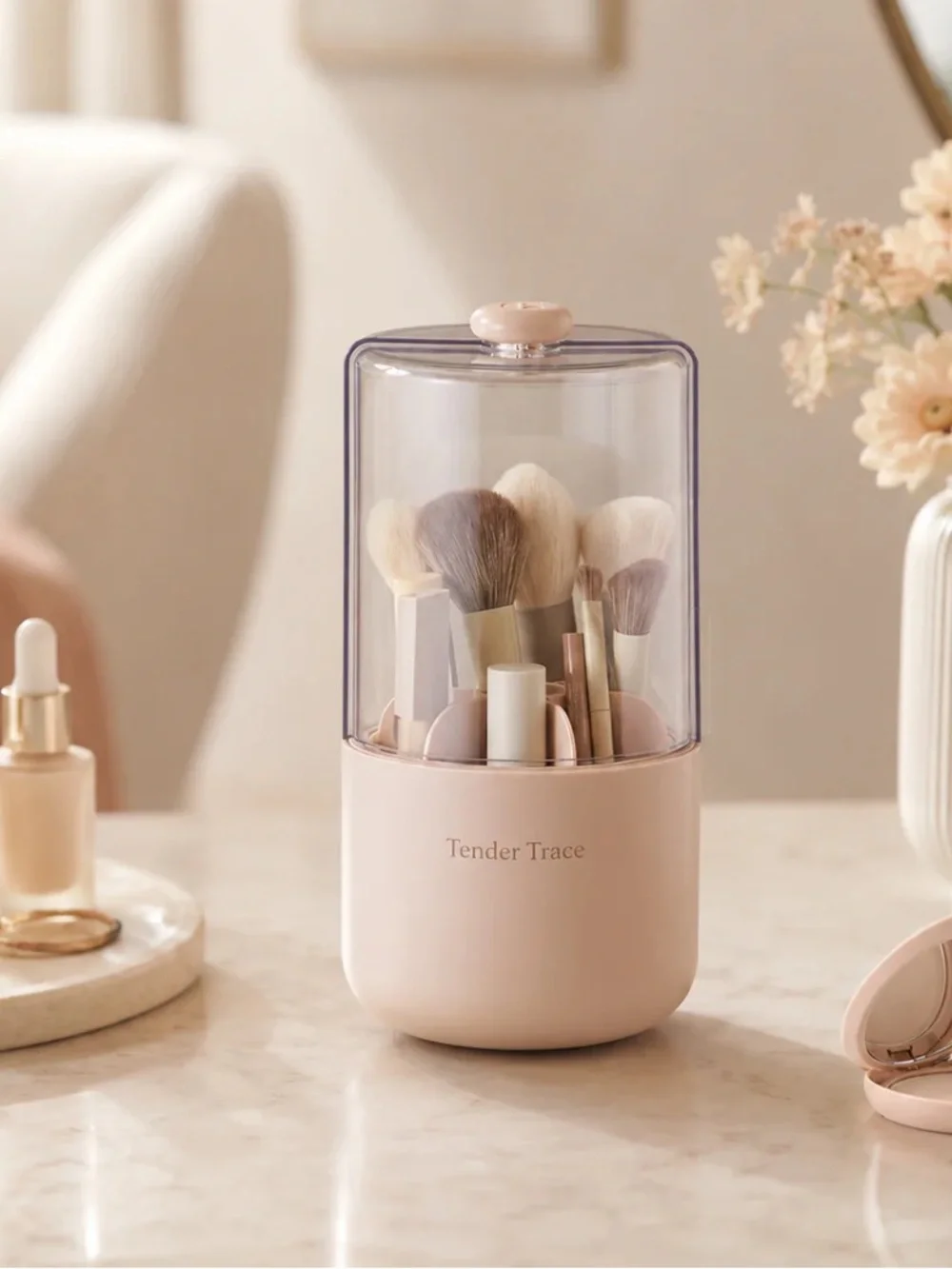 Beige Rotating Makeup Organizer with Clear Dust Cover